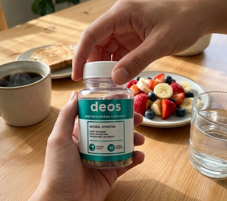 Manos sosteniendo el frasco de Deos en la mesa del desayuno, junto a café y fruta