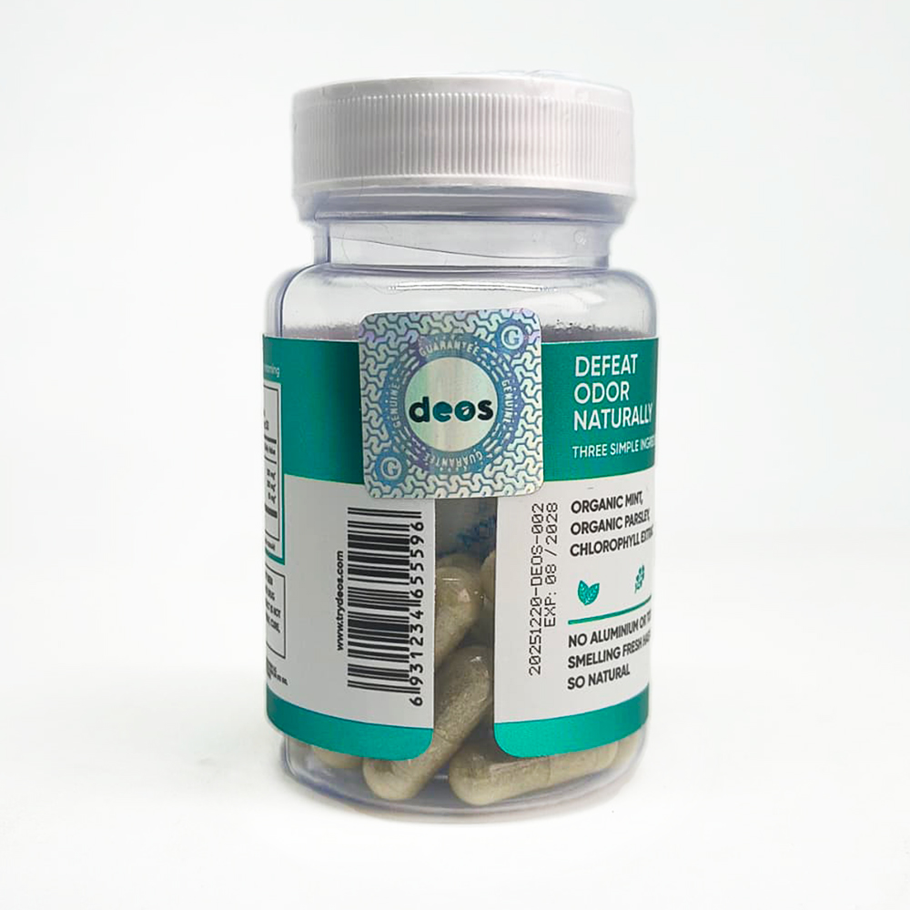 Frasco de Deos de lado, con el sello de desodorizante natural