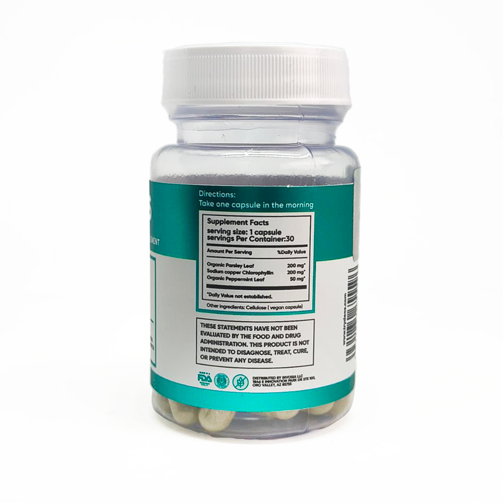 Etiqueta trasera de Deos: perejil 200 mg, clorofilina 200 mg y menta 50 mg